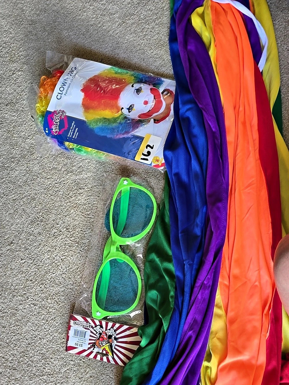 Multicolor Clown Costume NWT Cape, Glasses, Wig